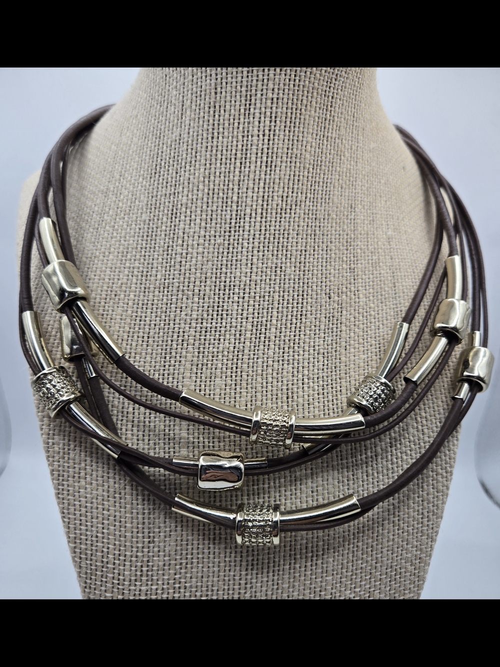 Chico's Brown Multi-Strand Leather Necklace with Silvertone Tube Stations Artsy
